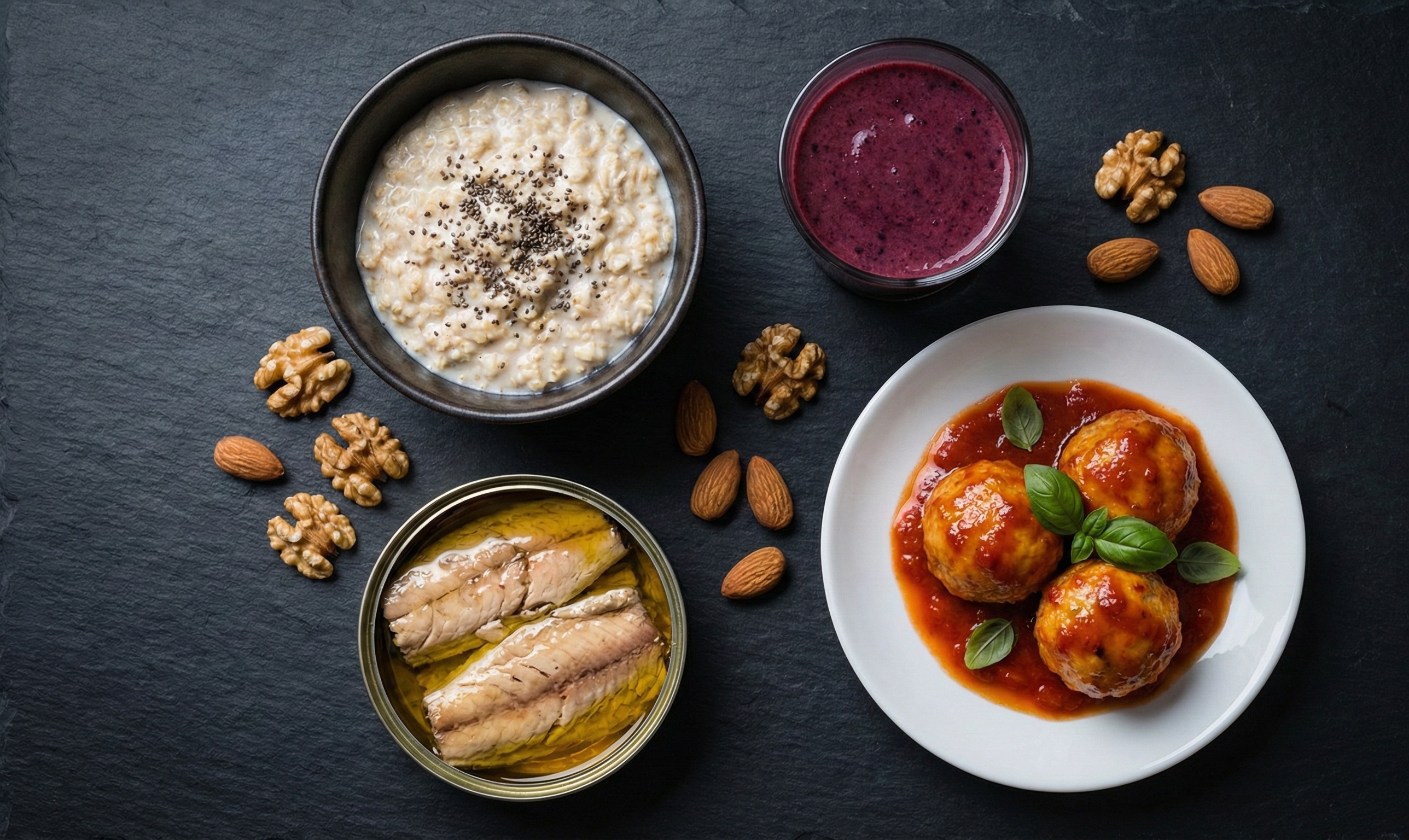 Daily Lipid Log Flatlay: Oats, Smoothie, Mackerel, and Meatballs