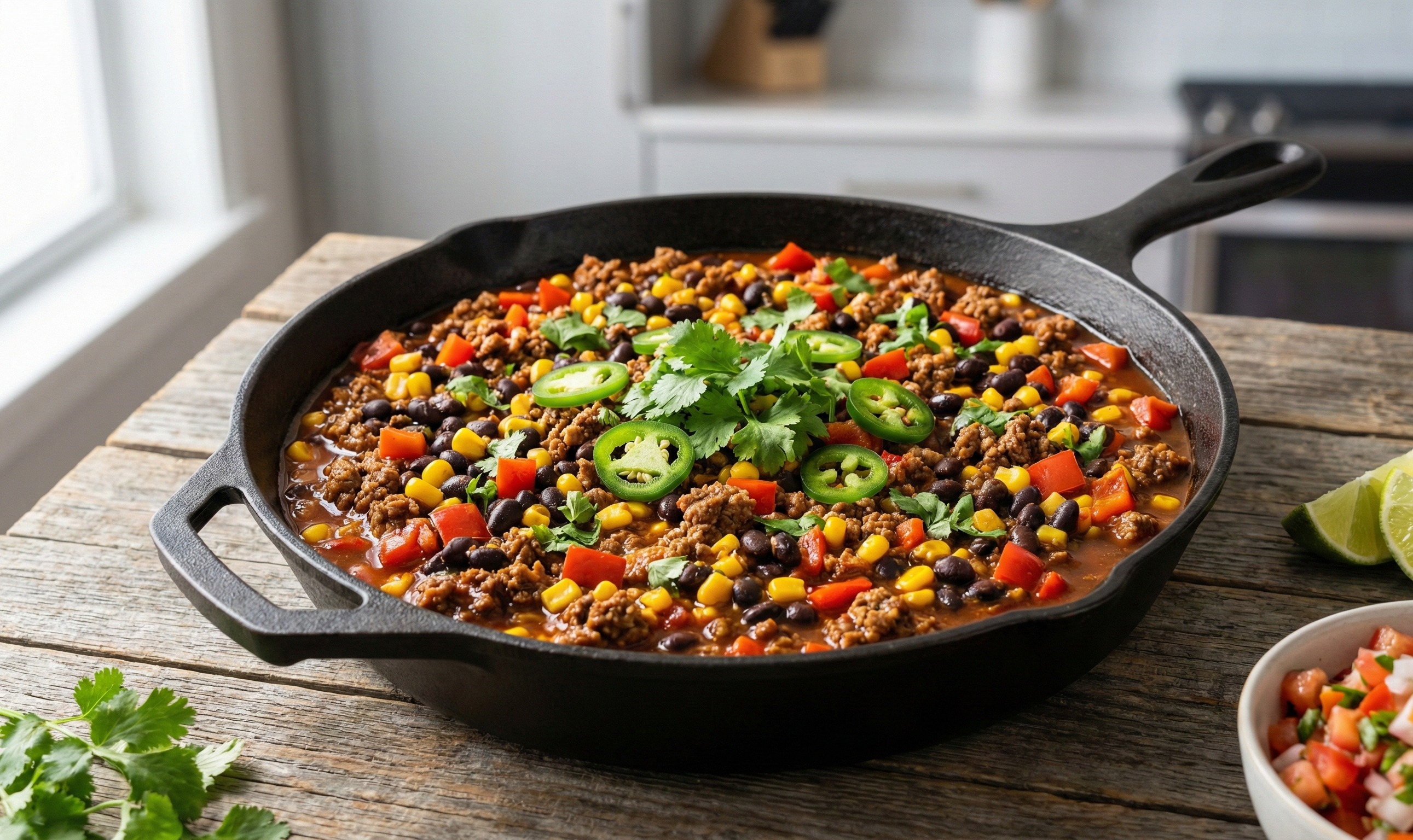 Lean turkey taco skillet with black beans and corn