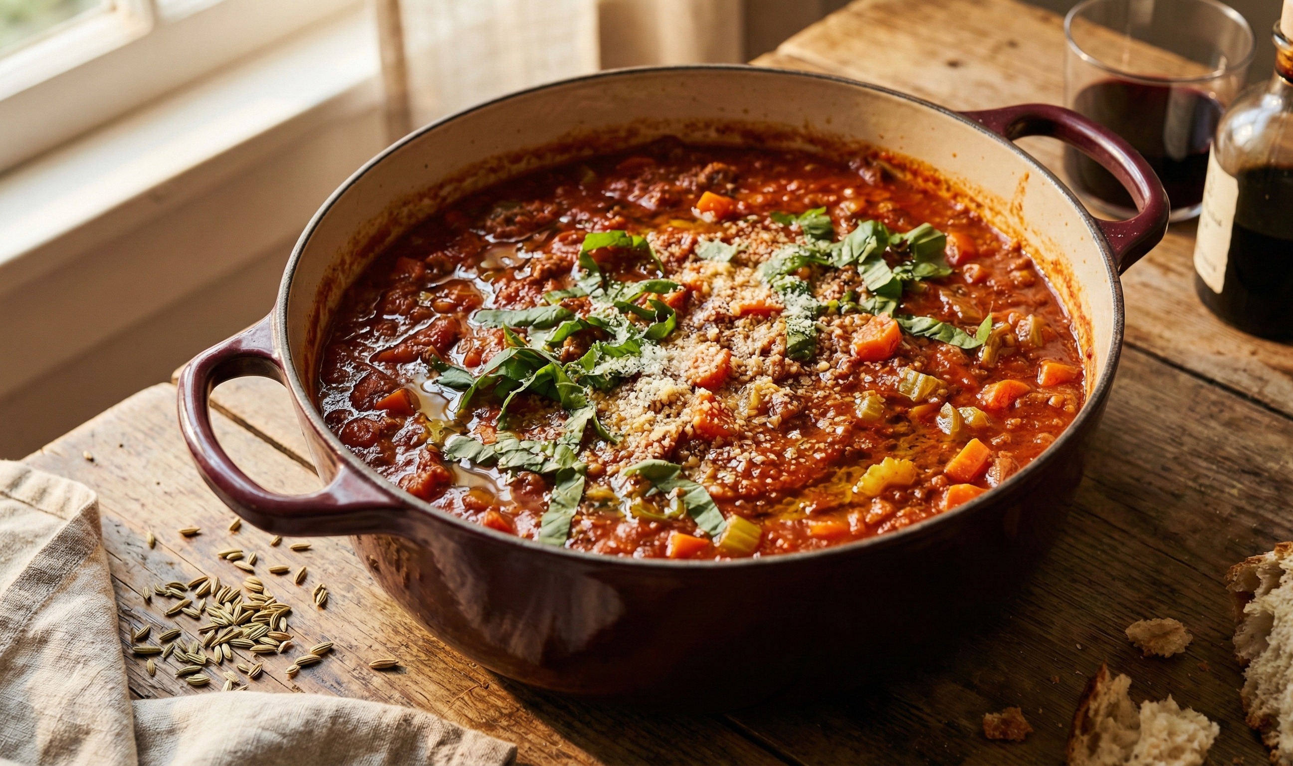 Rich rustic turkey bolognese in a dutch oven